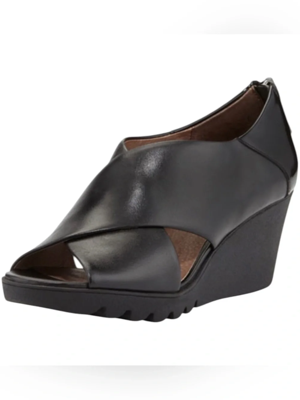 Donald J. Pliner Marti Black Leather Cross Strap Wedge Pumps Zip Back Close 6.5